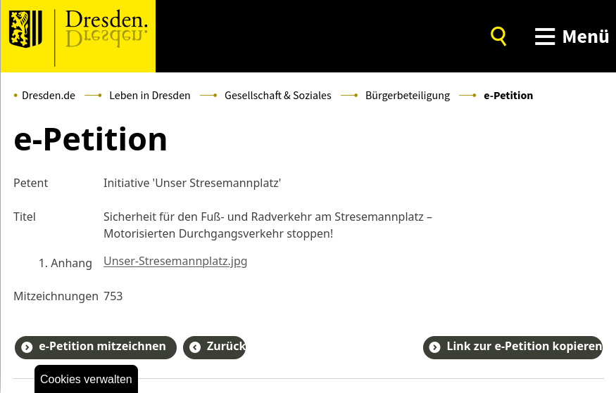 Screenshot der offiziellen E-Petition der Stadt Dresden für die Initiative 'Unser Stresemannplatz'. Der Petitionstitel lautet: 'Sicherheit für den Fuß- und Radverkehr am Stresemannplatz – Motorisierten Durchgangsverkehr stoppen!'. Die Seite zeigt 753 Mitzeichnungen.
